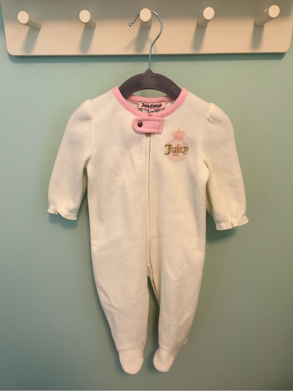 Juicy Couture Cream One-Piece Footed Romper with Pink Trim